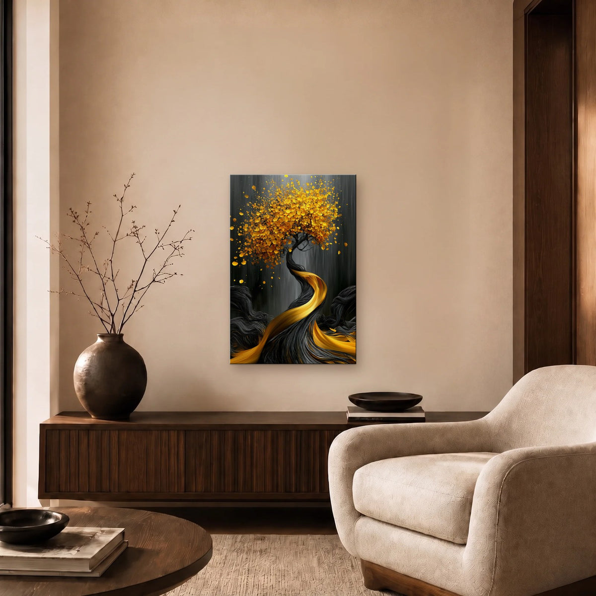 Nature Art glossy acrylic art above a wooden console