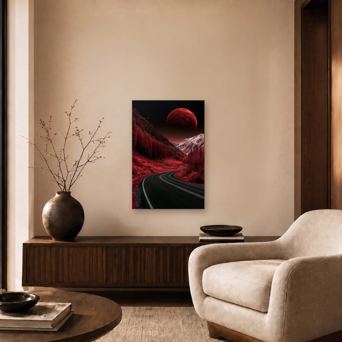 Nature Art glossy acrylic art above a wooden console