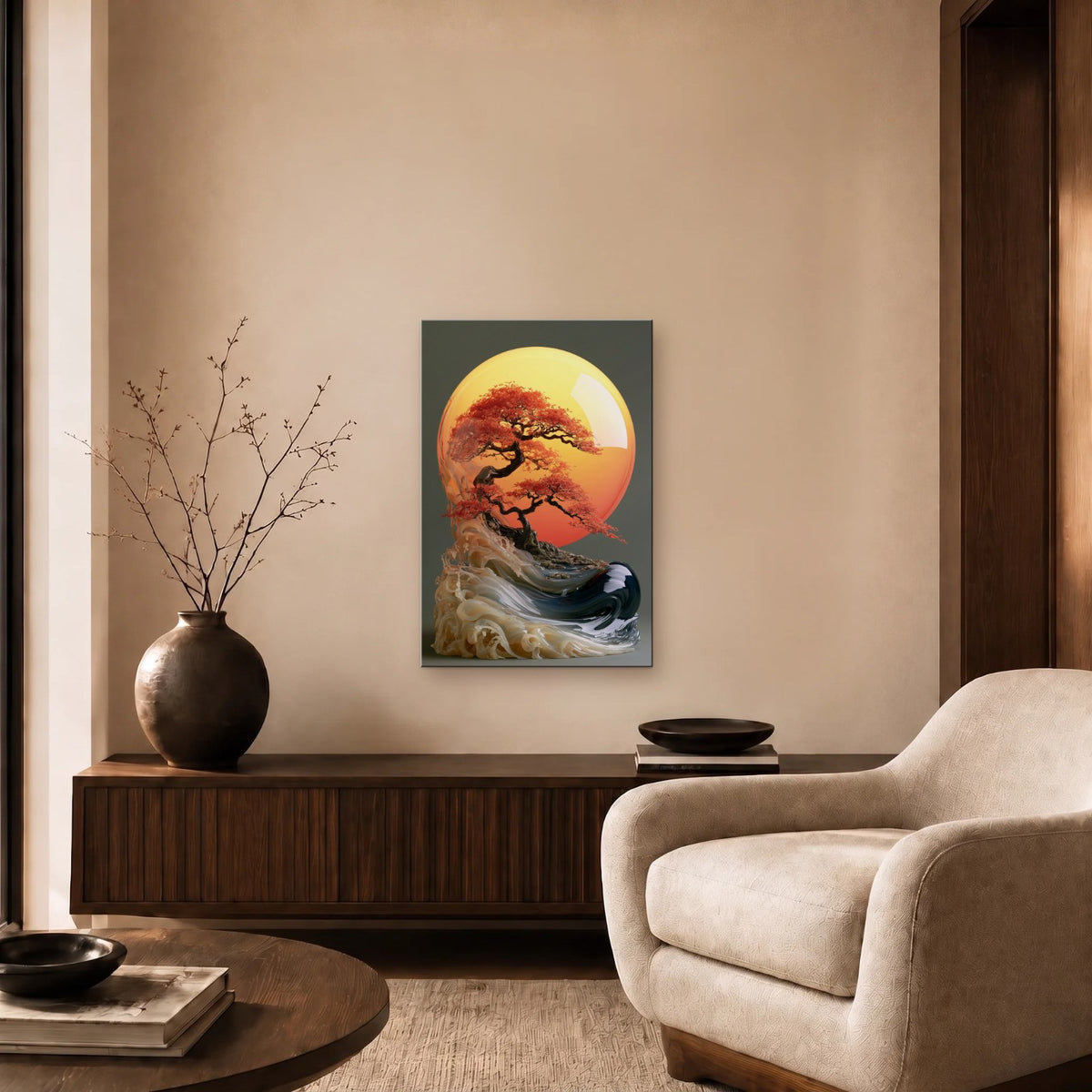 Nature Art glossy acrylic art above a wooden console