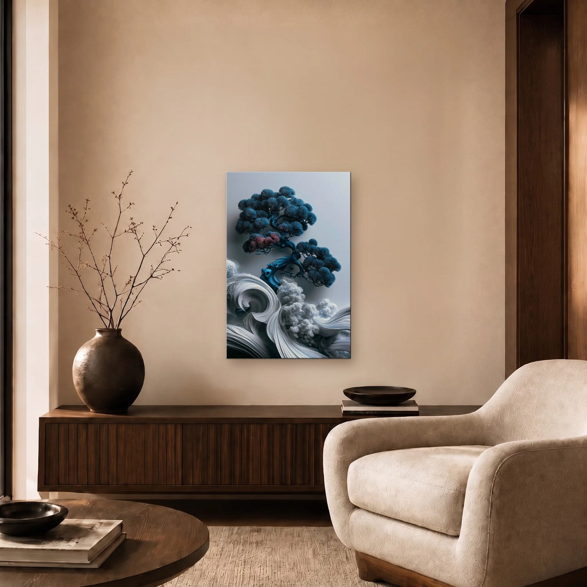 Nature Art glossy acrylic art above a wooden console