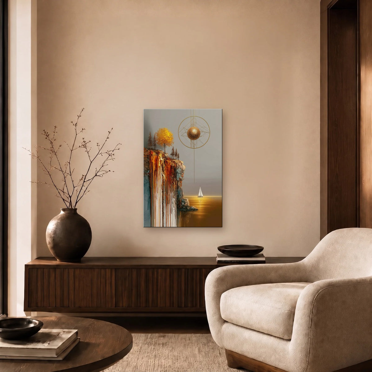 Nature Art glossy acrylic art above a wooden console
