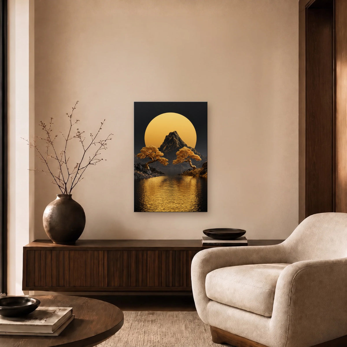 Nature Art glossy acrylic art above a wooden console