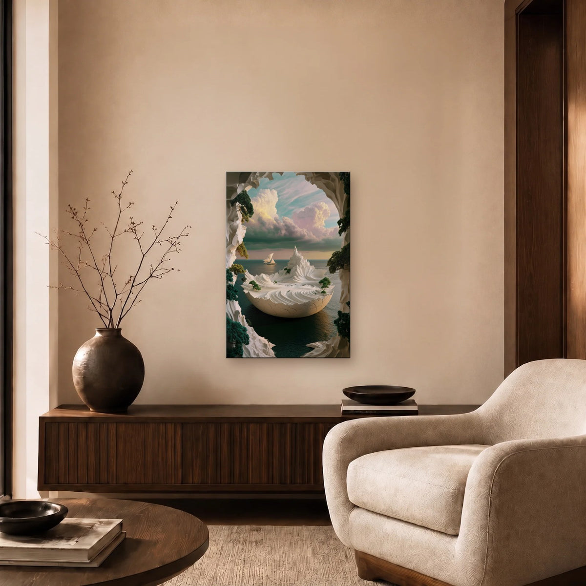 Nature Art glossy acrylic art above a wooden console