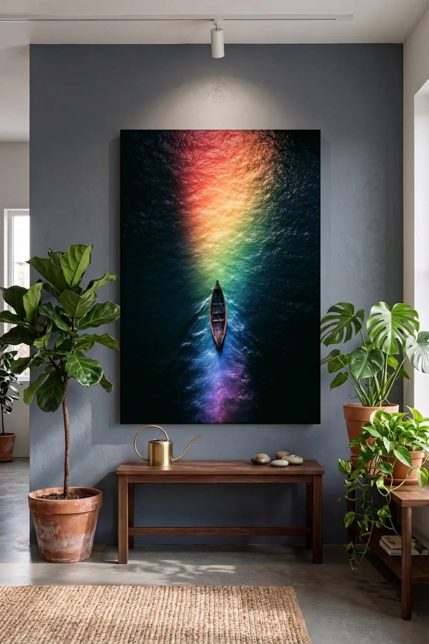 Acrylic wall art above a wooden bench with plants