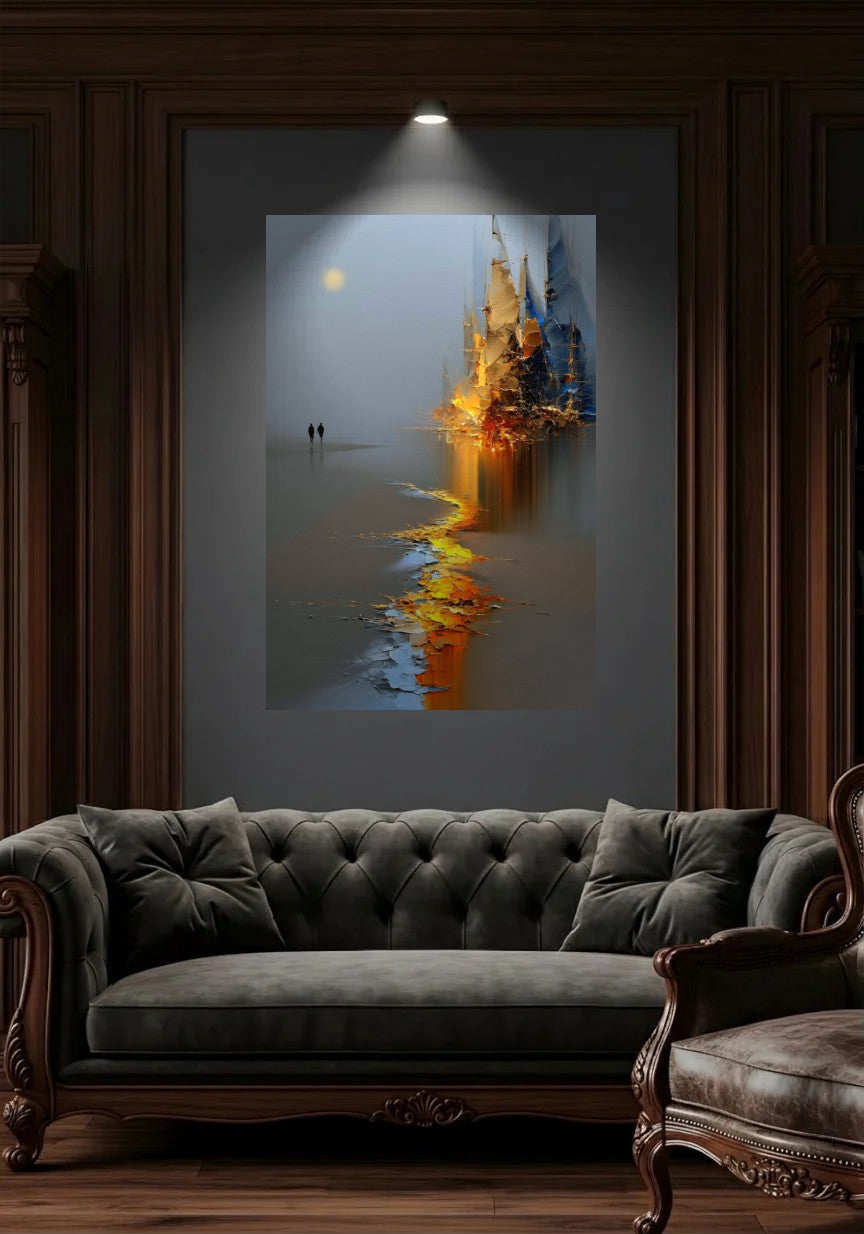 Acrylic wall art in a wood-panel lounge above a tufted sofa