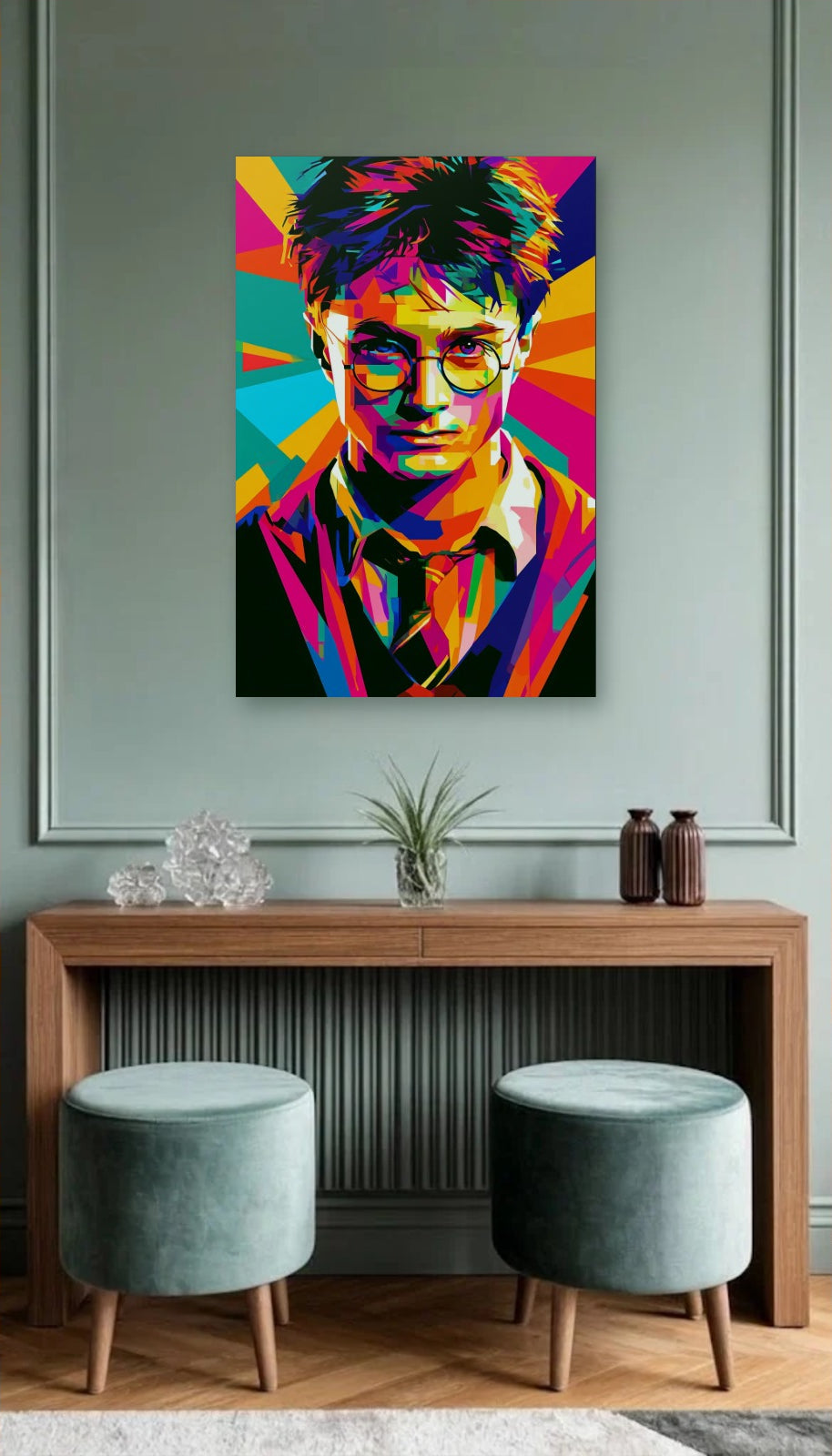 Cinematic Art acrylic wall art above a wooden console