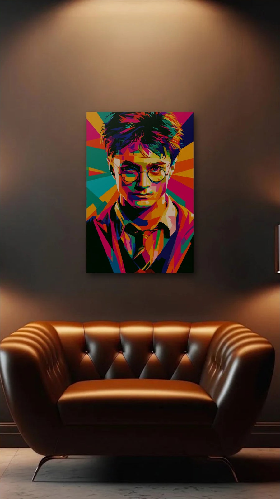 Cinematic Art acrylic wall art above a leather armchair
