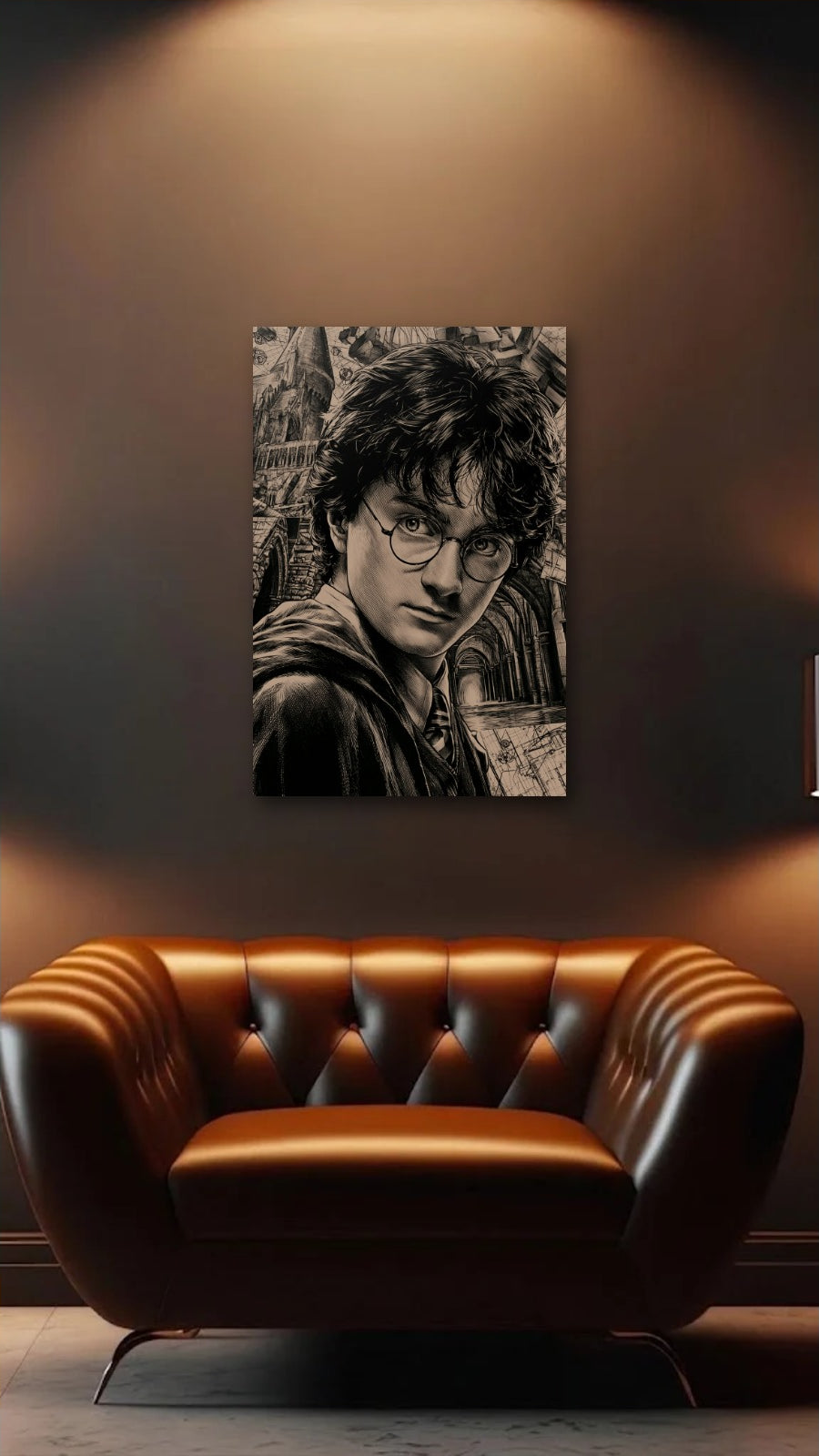 Cinematic Art acrylic wall art above a leather armchair