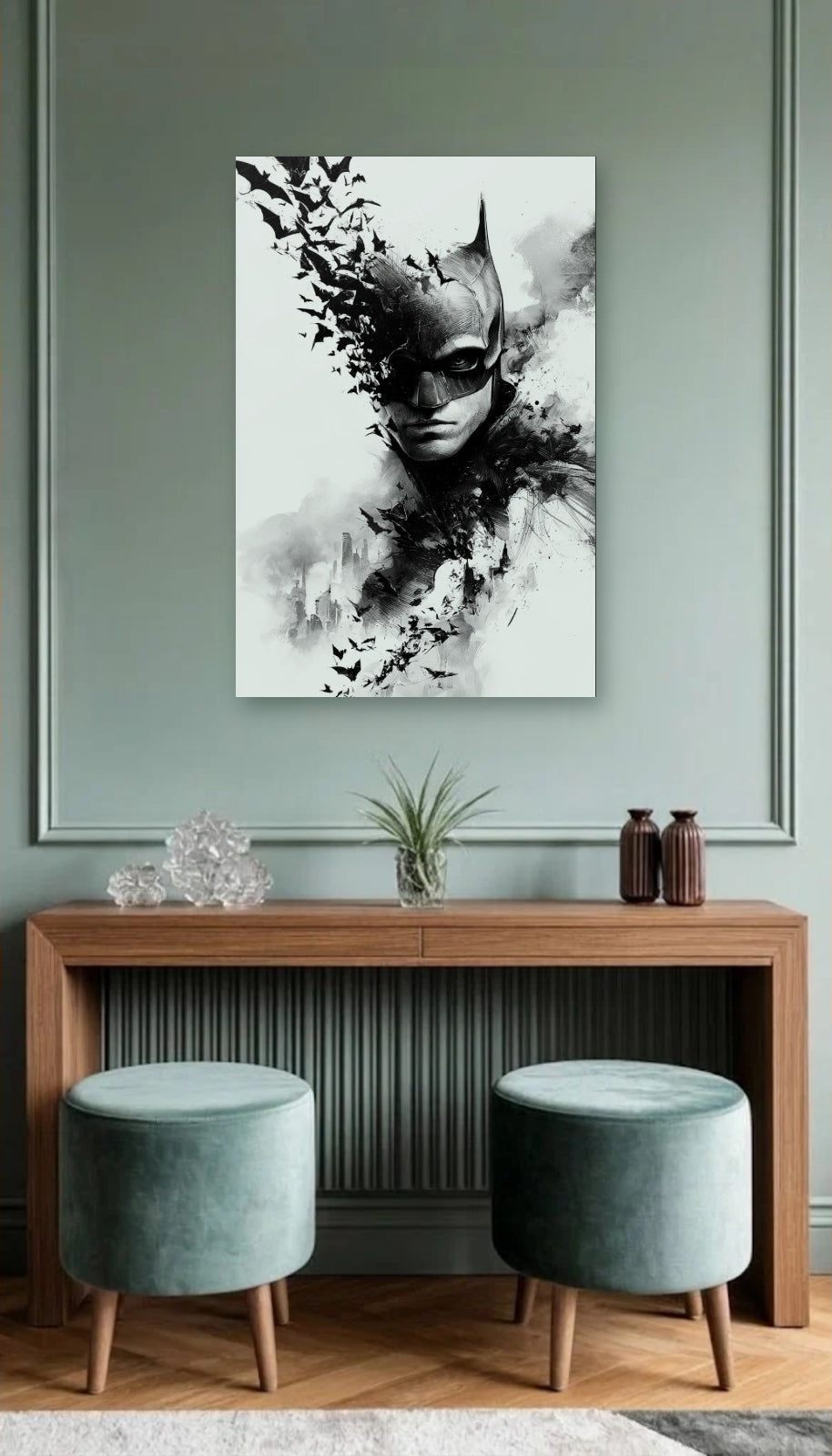 Cinematic Art acrylic wall art above a wooden console