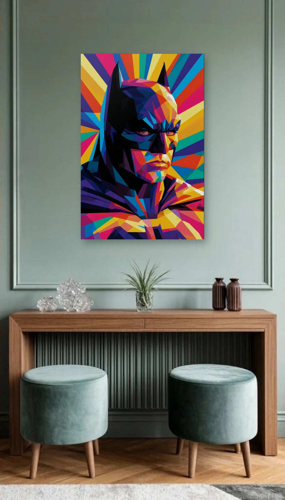 Cinematic Art acrylic wall art above a wooden console