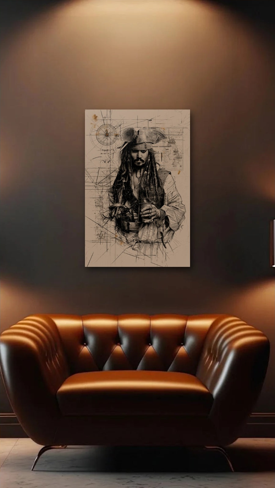 Cinematic Art acrylic wall art above a leather armchair