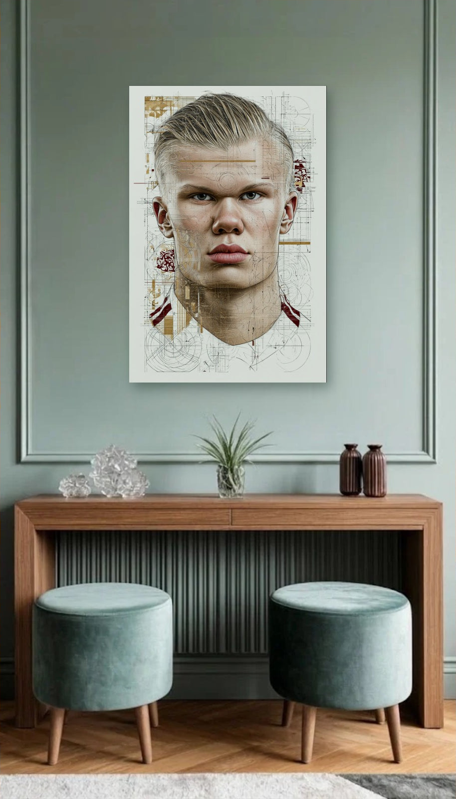 Cinematic Art acrylic wall art above a wooden console