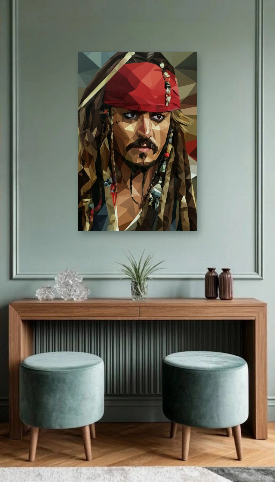 Cinematic Art acrylic wall art above a wooden console