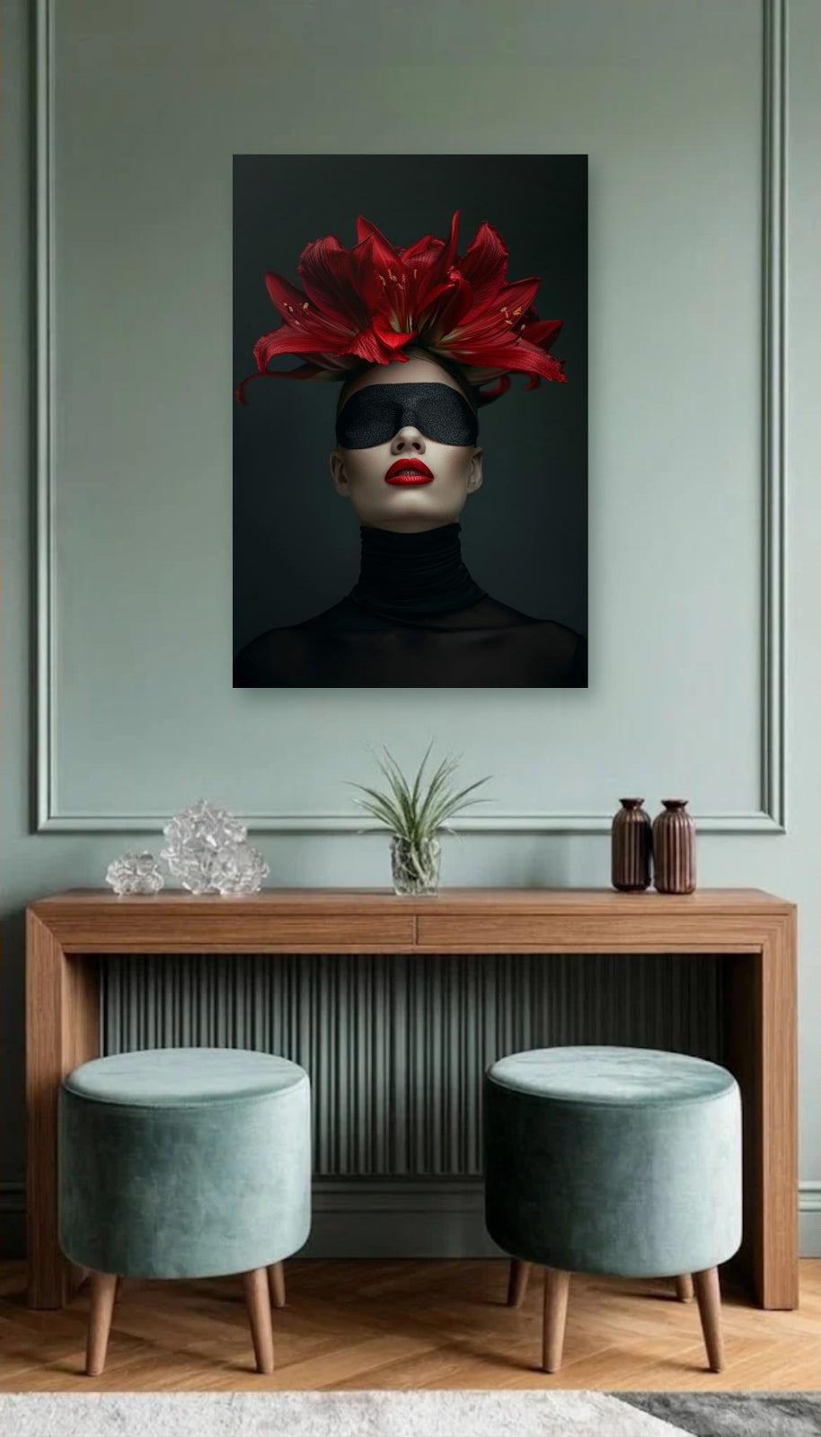 Expression Art acrylic wall art above a wooden console
