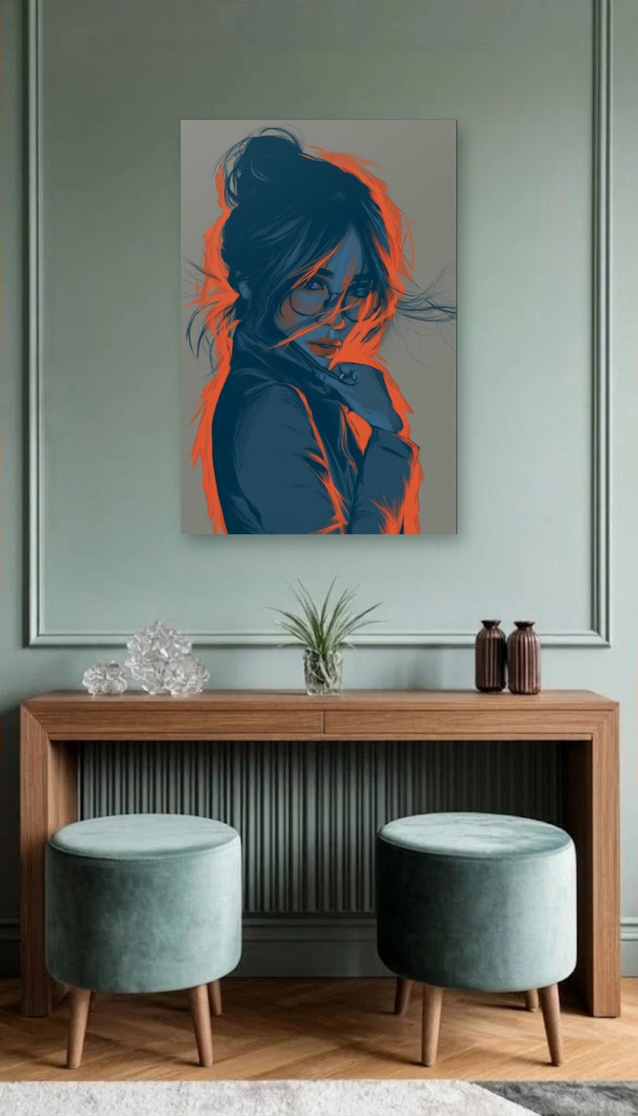 Expressions Art acrylic wall art above a wooden console
