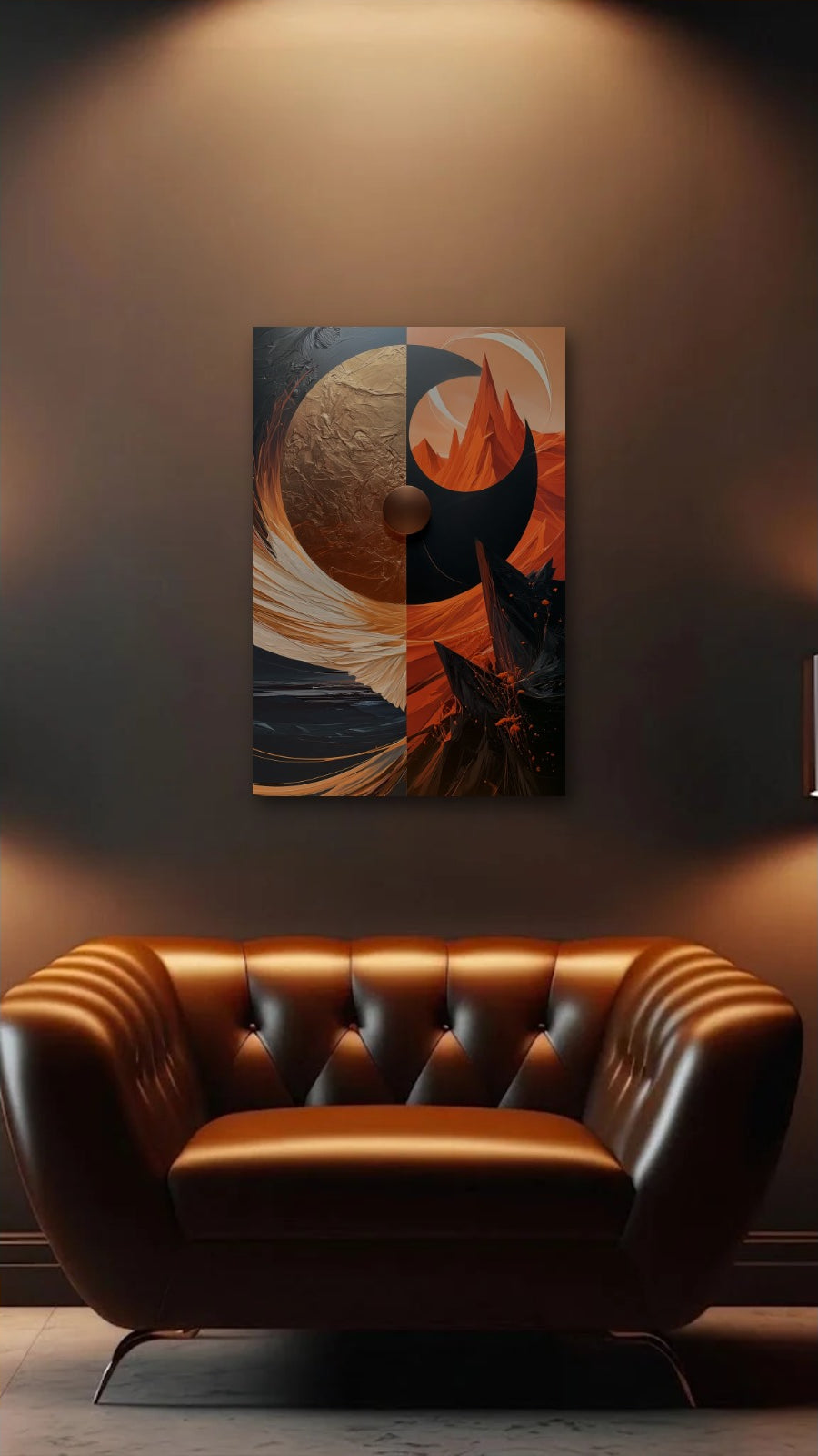 Geometric Abstraction Art acrylic wall art above a leather armchair