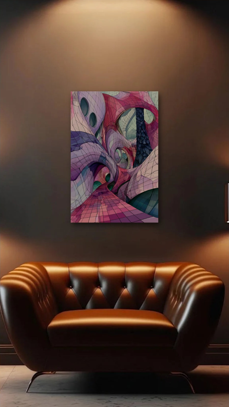 Geometric Abstraction Art acrylic wall art above a leather armchair