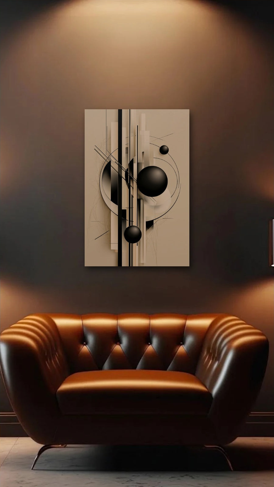 Geometric Abstraction Art acrylic wall art above a leather armchair