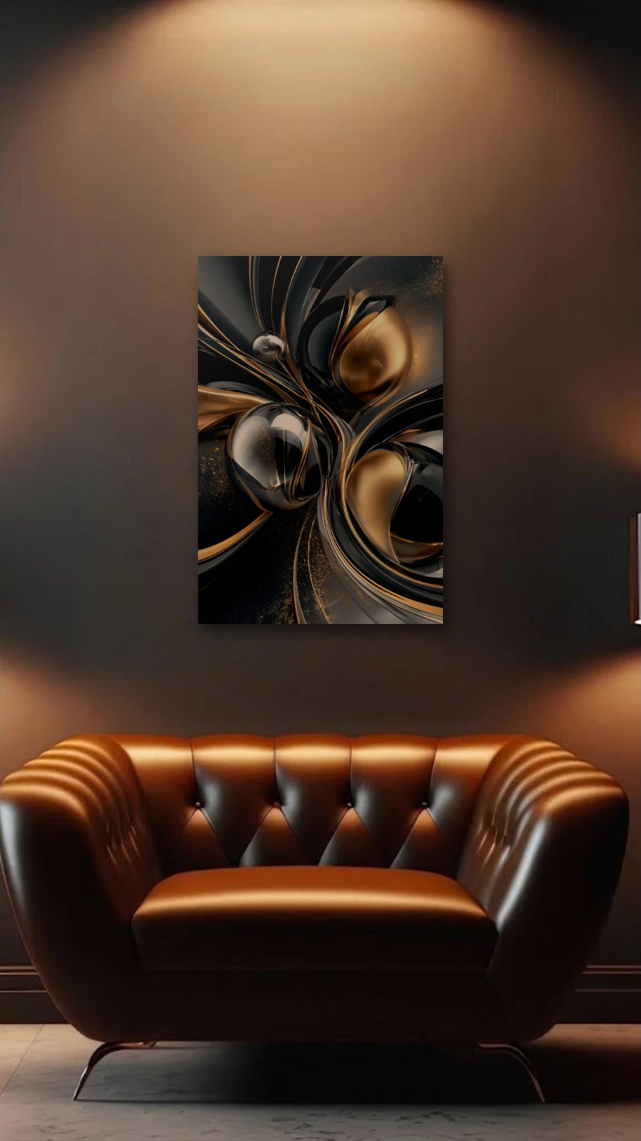 Geometric Abstraction Art acrylic wall art above a leather armchair