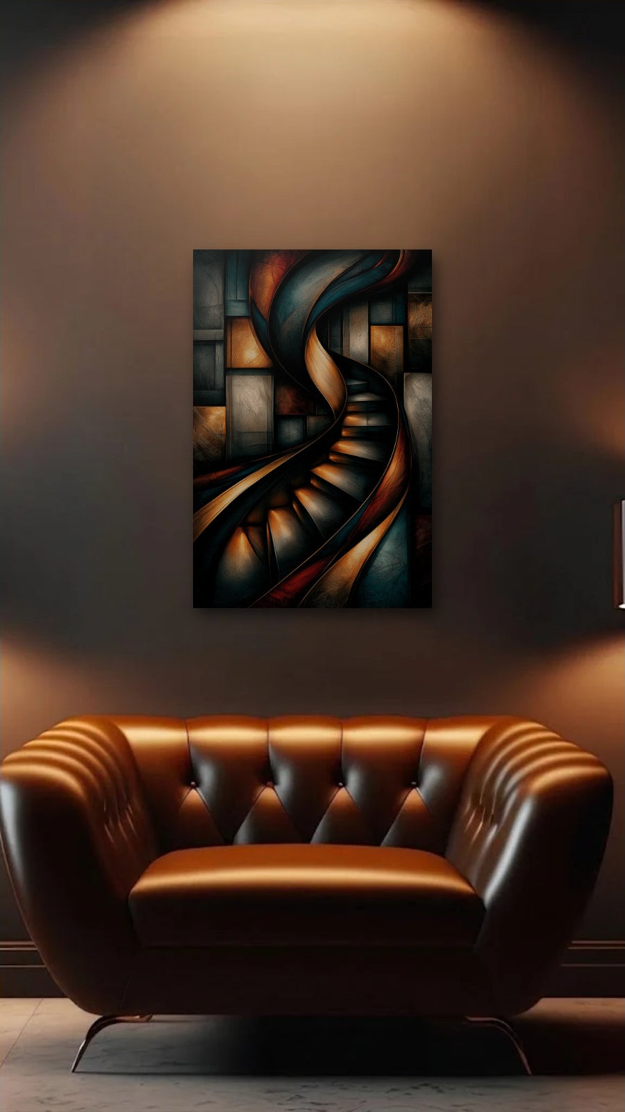 Geometric Abstraction Art acrylic wall art above a leather armchair