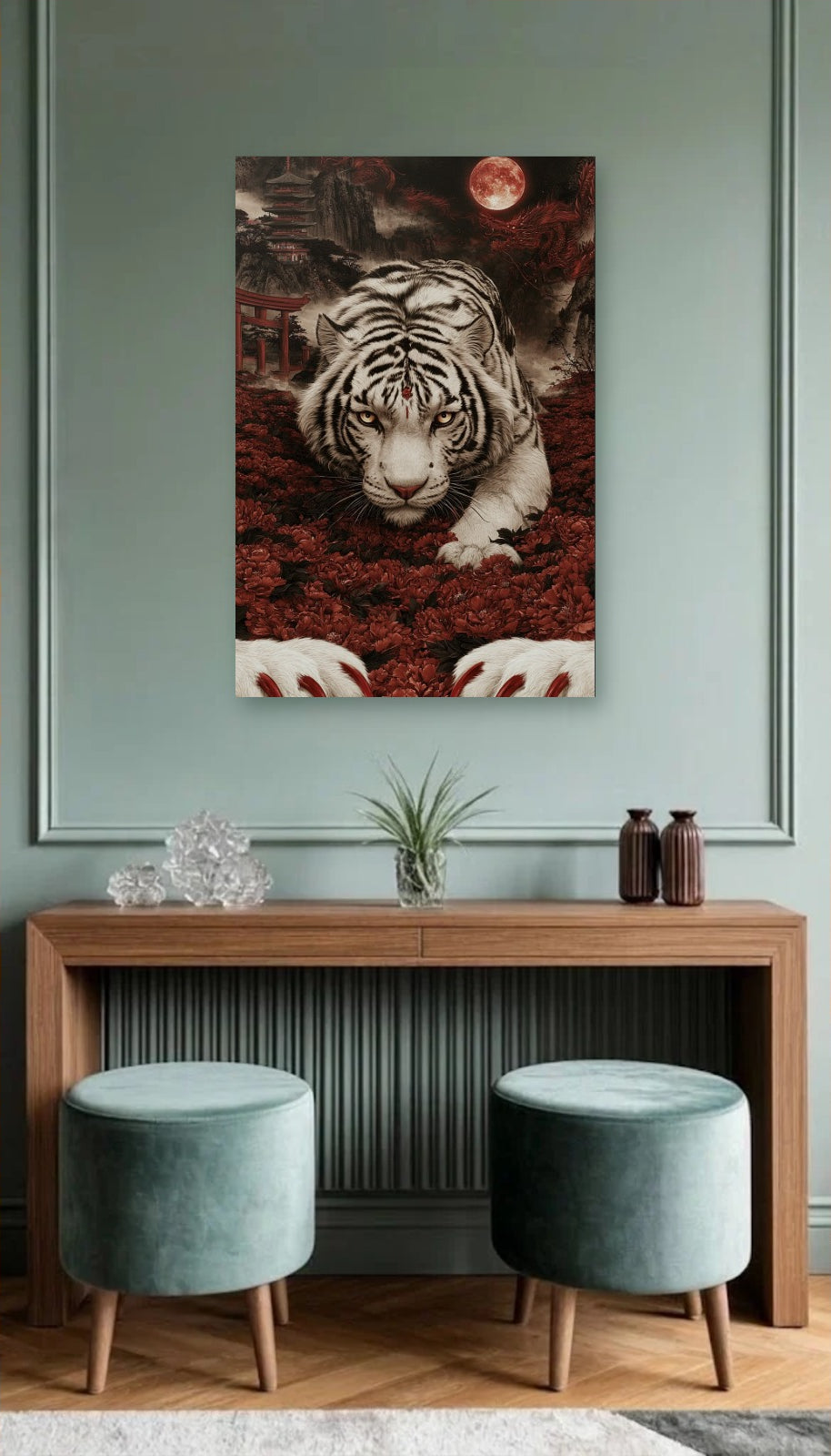 Wild Art acrylic wall art above a wooden console
