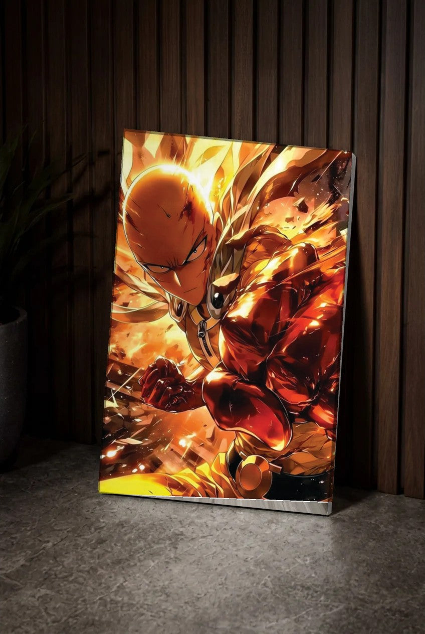 Anime Art acrylic wall art leaning on a wood slat wall