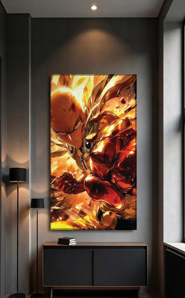 Anime Art acrylic wall art above a black console