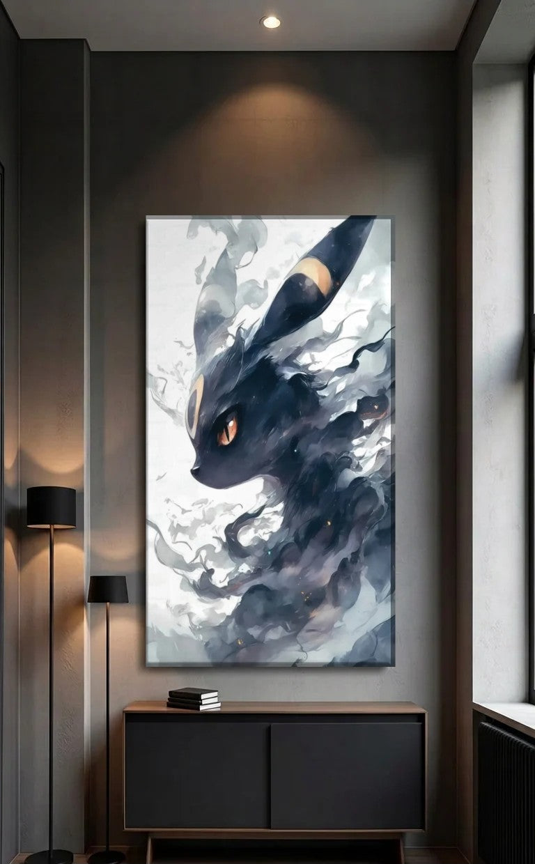 Anime Art acrylic wall art above a black console
