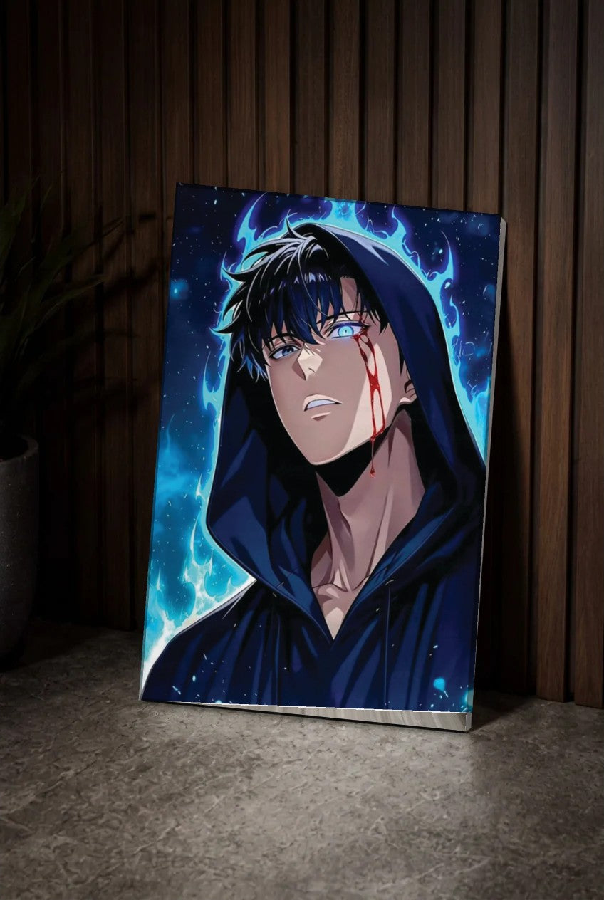 Anime Art acrylic wall art leaning on a wood slat wall