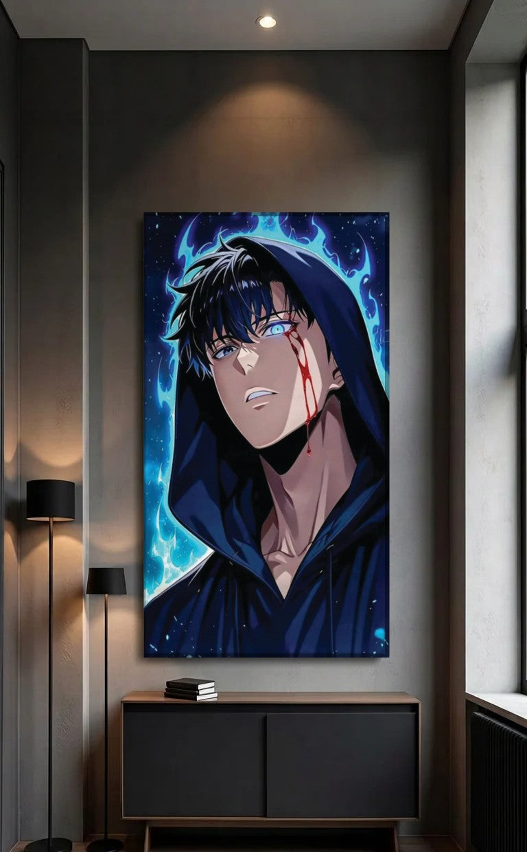 Anime Art acrylic wall art above a black console