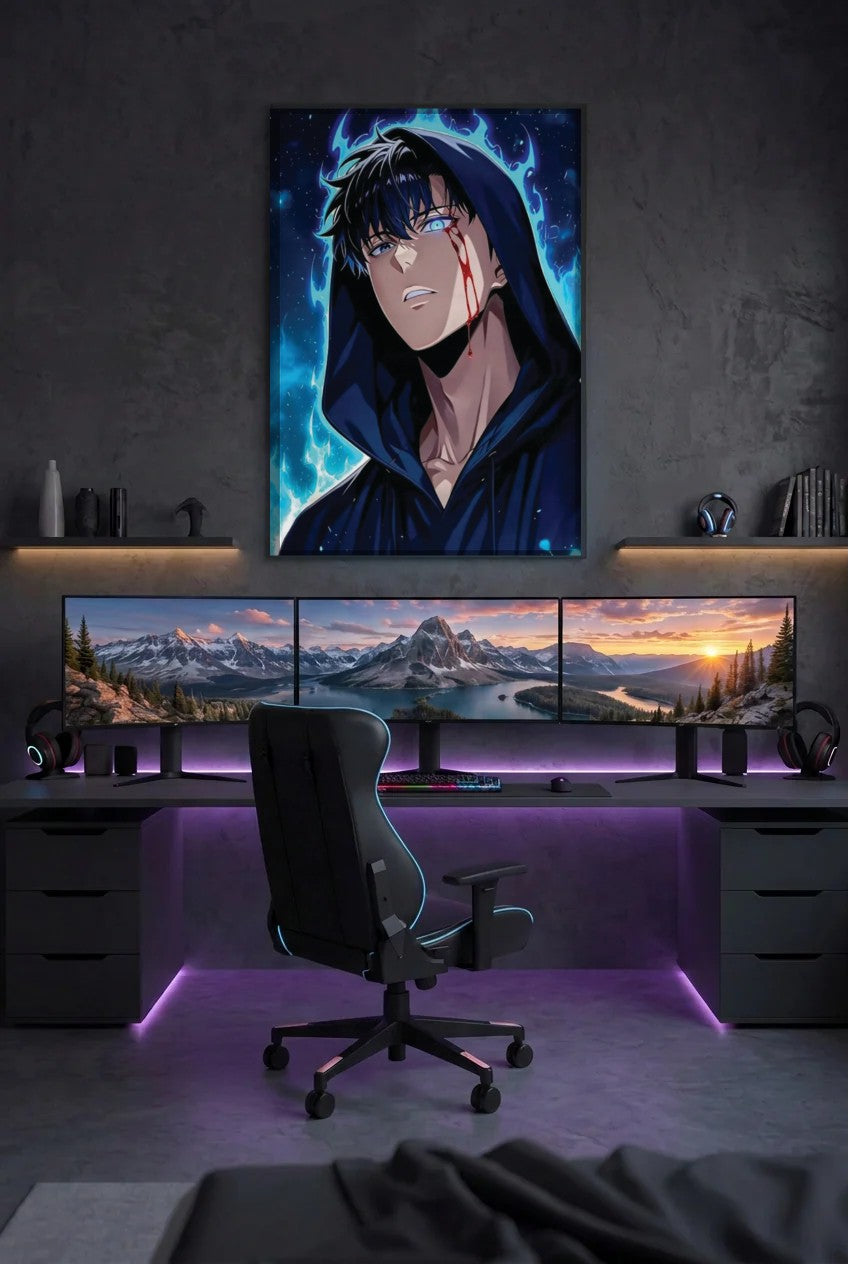 Anime Art acrylic wall art above a gaming desk