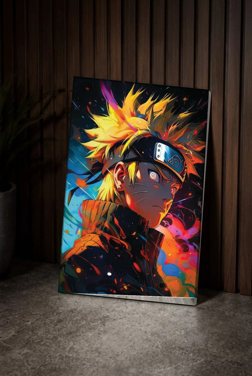 Anime Art acrylic wall art leaning on a wood slat wall