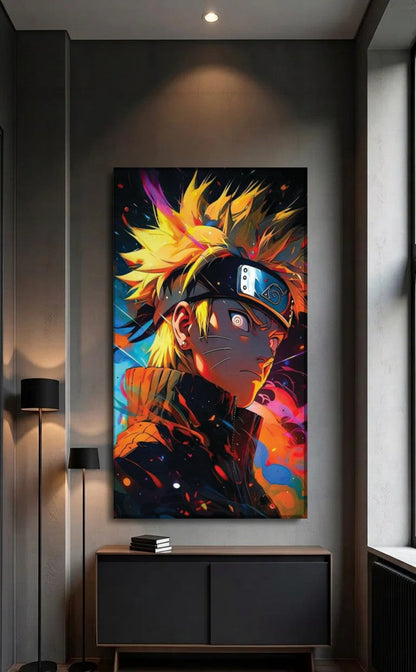 Anime Art acrylic wall art above a black console