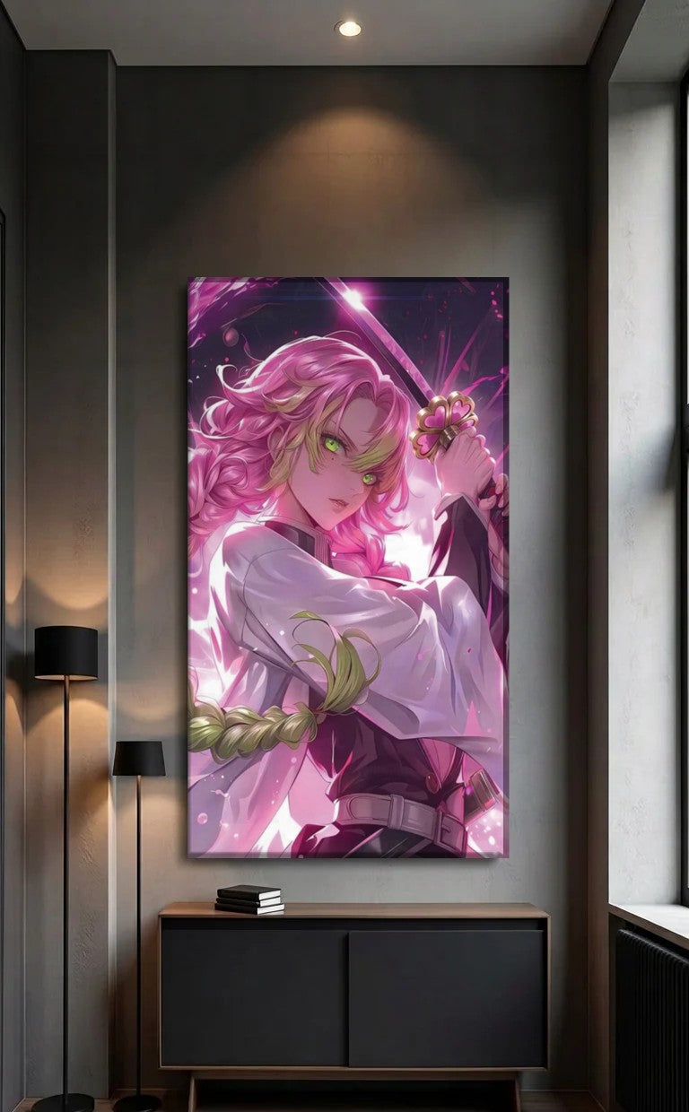 Anime Art acrylic wall art above a black console