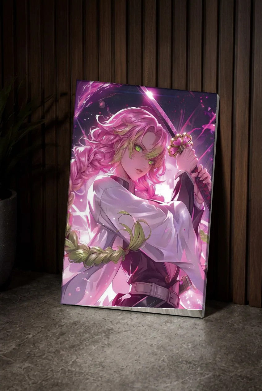 Anime Art acrylic wall art leaning on a wood slat wall