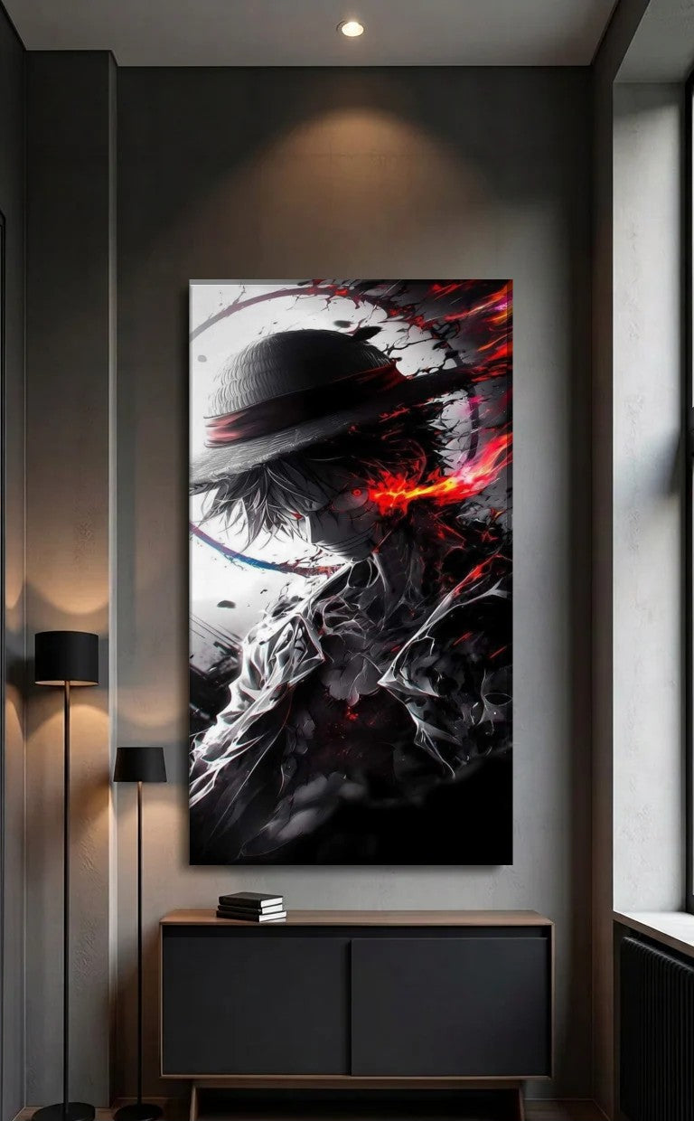 Anime Art acrylic wall art above a black console
