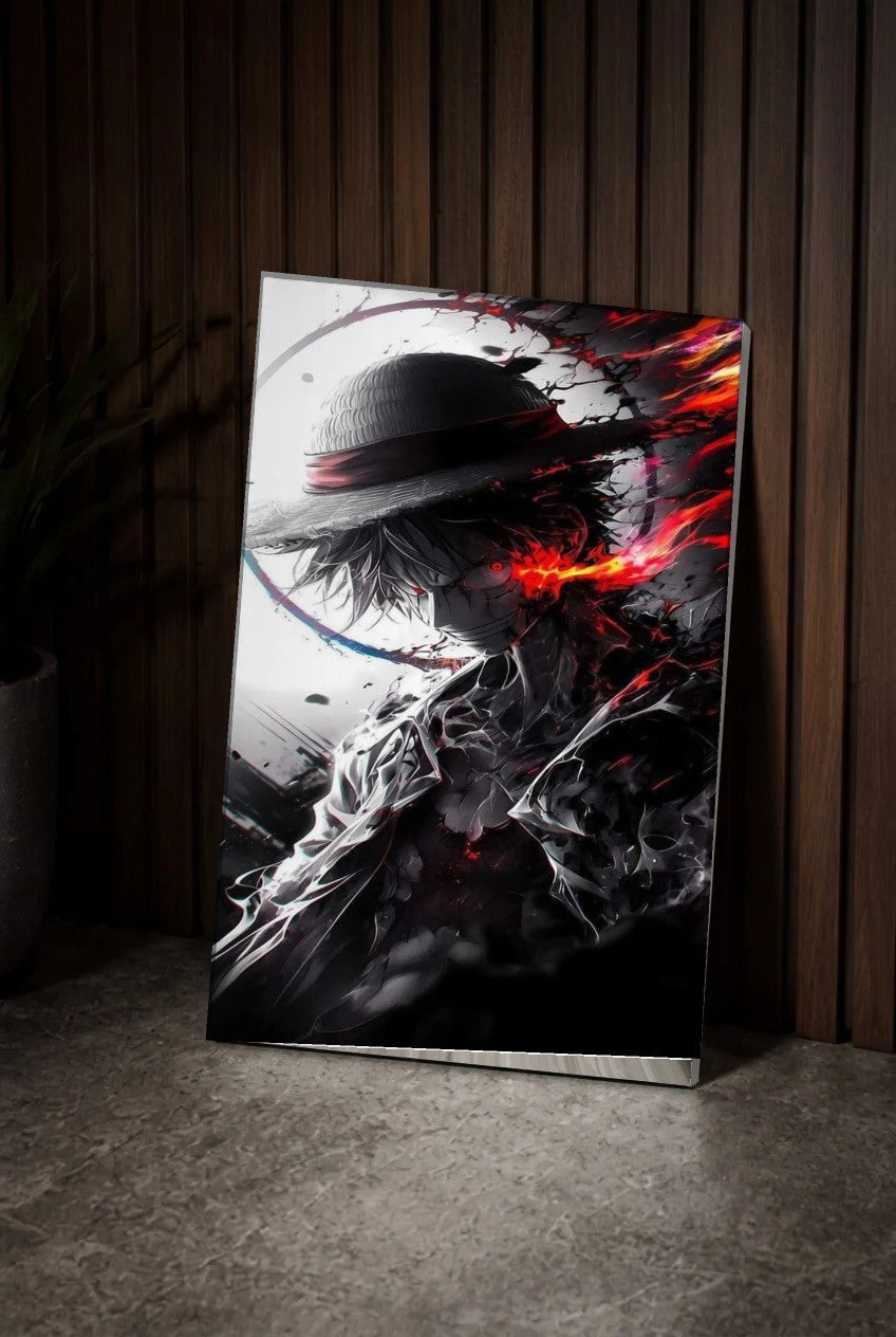 Anime Art acrylic wall art leaning on a wood slat wall