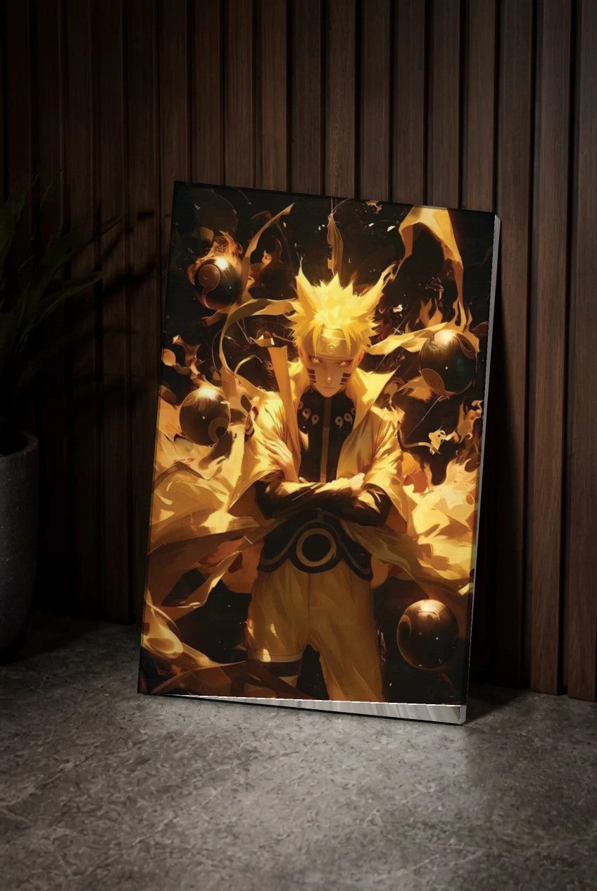 Anime Art acrylic wall art leaning on a wood slat wall