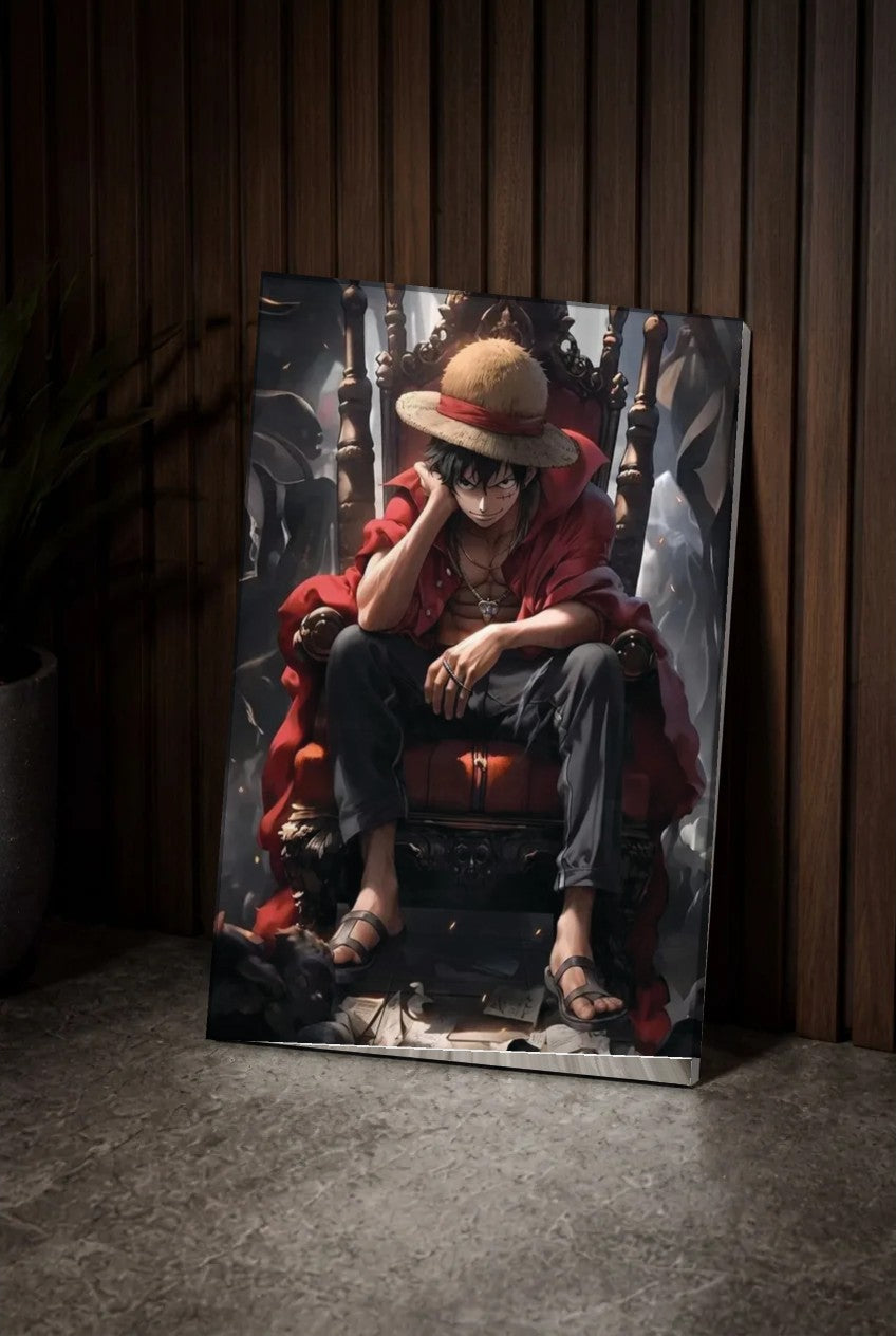 Anime Art acrylic wall art leaning on a wood slat wall