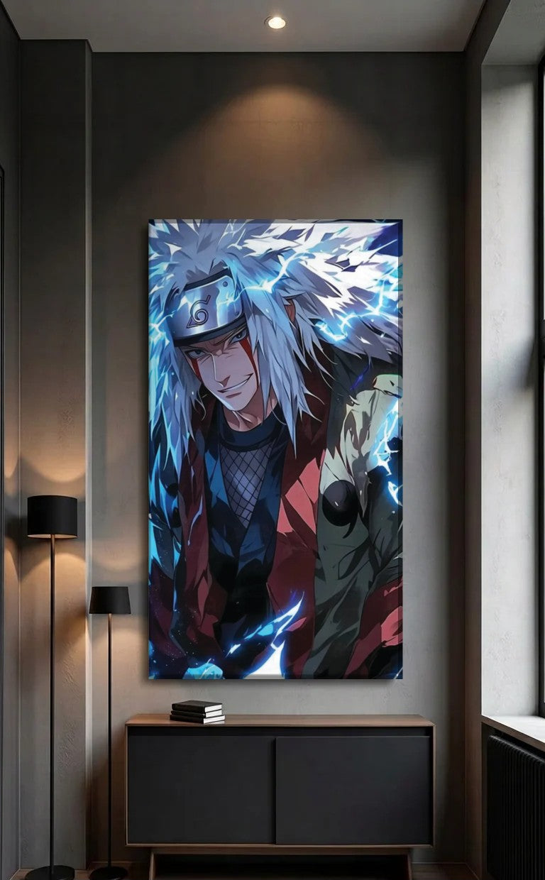 Anime Art acrylic wall art above a black console
