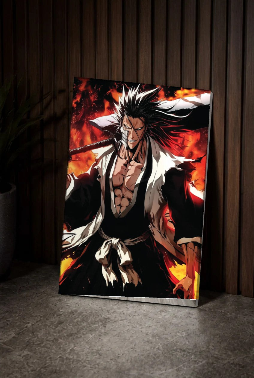 Anime Art acrylic wall art leaning on a wood slat wall