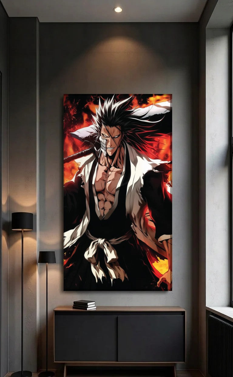 Anime Art acrylic wall art above a black console
