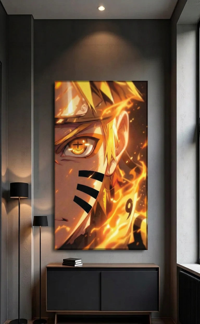 Anime Art acrylic wall art above a black console