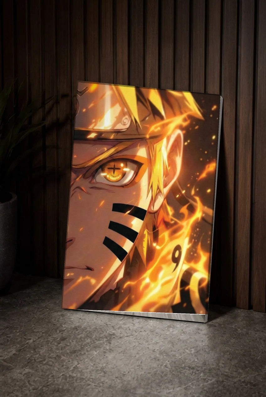 Anime Art acrylic wall art leaning on a wood slat wall