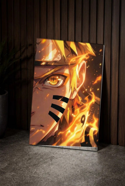 Anime Art acrylic wall art leaning on a wood slat wall