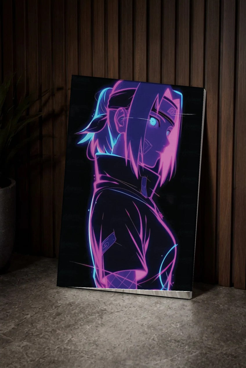 Anime Art acrylic wall art leaning on a wood slat wall