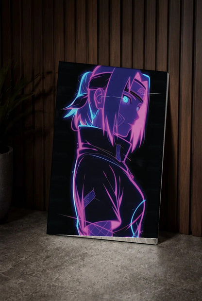 Anime Art acrylic wall art leaning on a wood slat wall