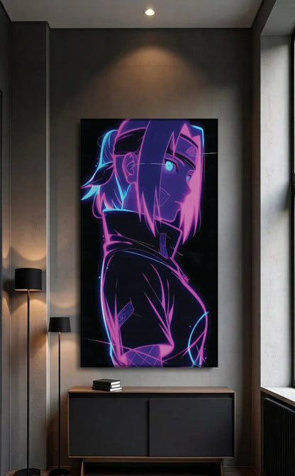 Anime Art acrylic wall art above a black console
