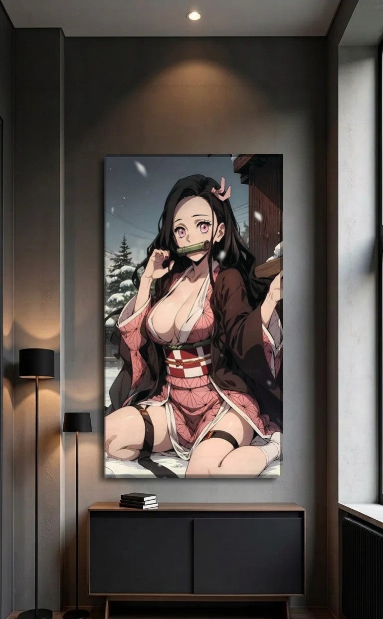 Anime Art acrylic wall art above a black console