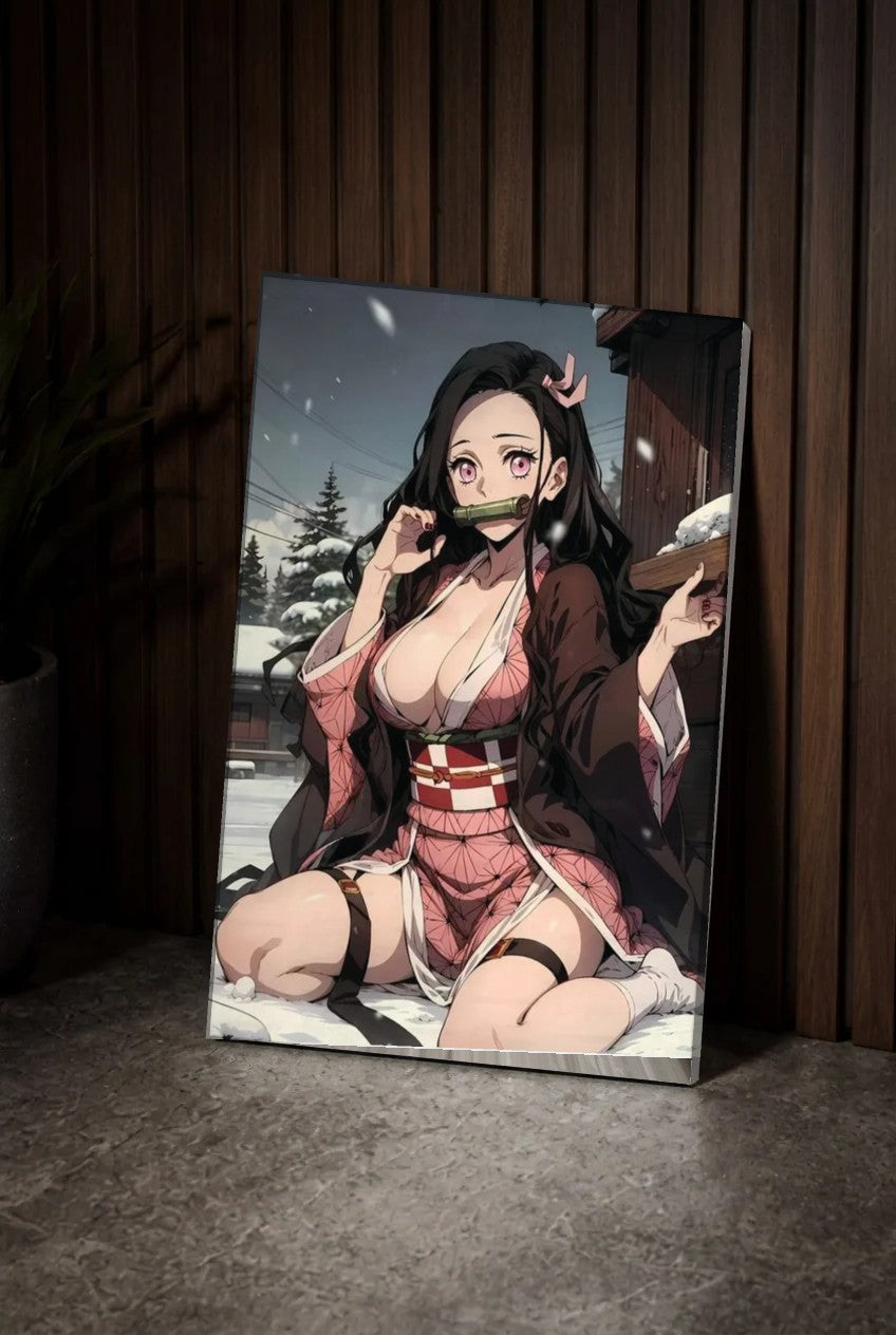Anime Art acrylic wall art leaning on a wood slat wall